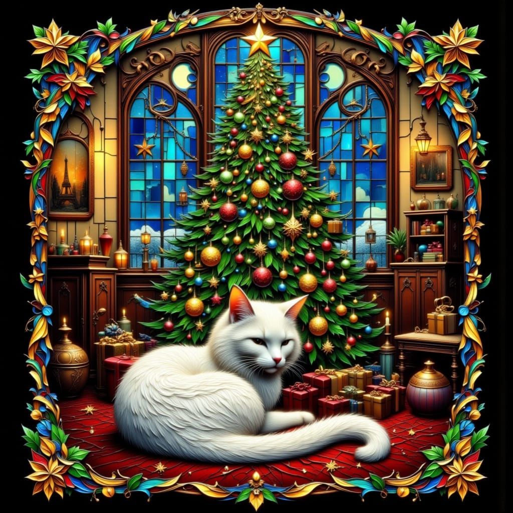 Stained Glass Christmas Scene With White Cat