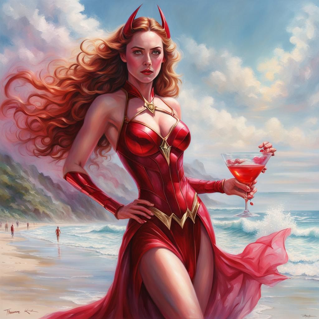 Scarlet Witch on Holiday: Hyperrealistic Beach Scene