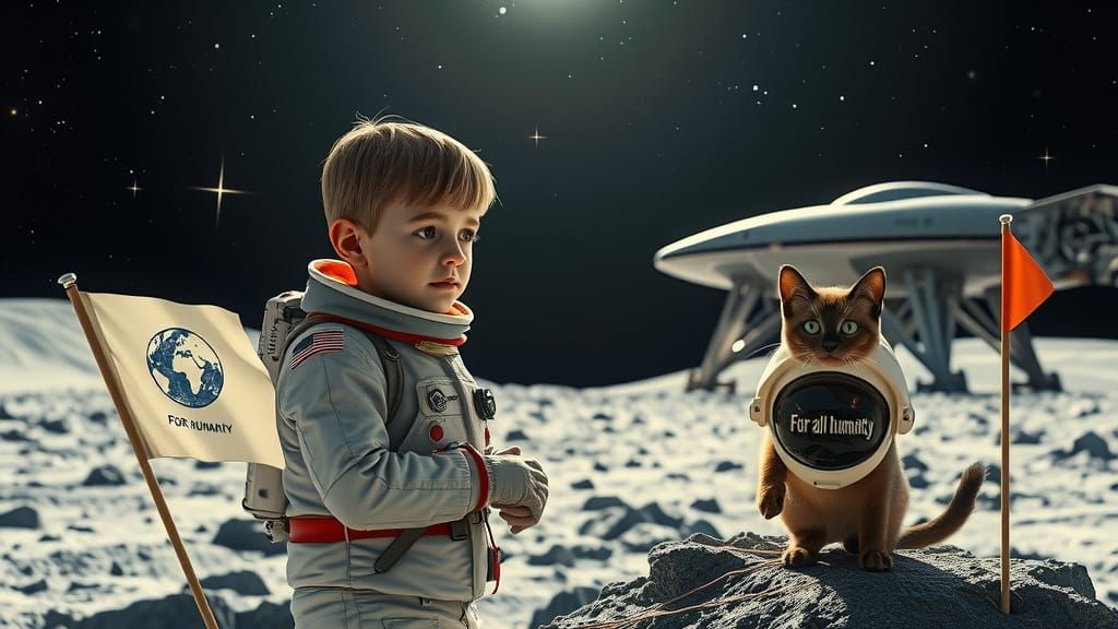 Boy and Cat on Moon in Futuristic Astronaut Suits