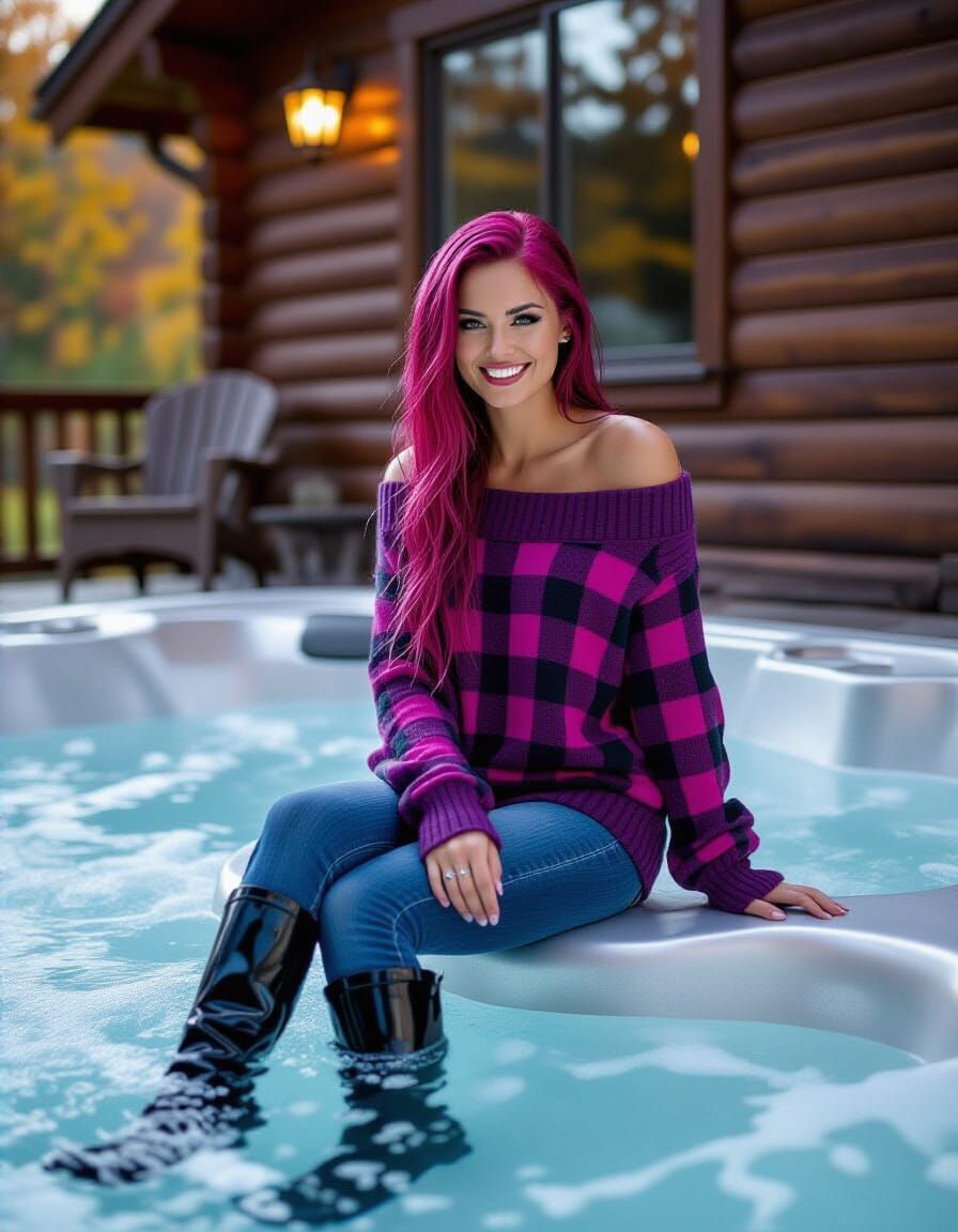Woman in Wet Plaid Sweater by Hot Tub