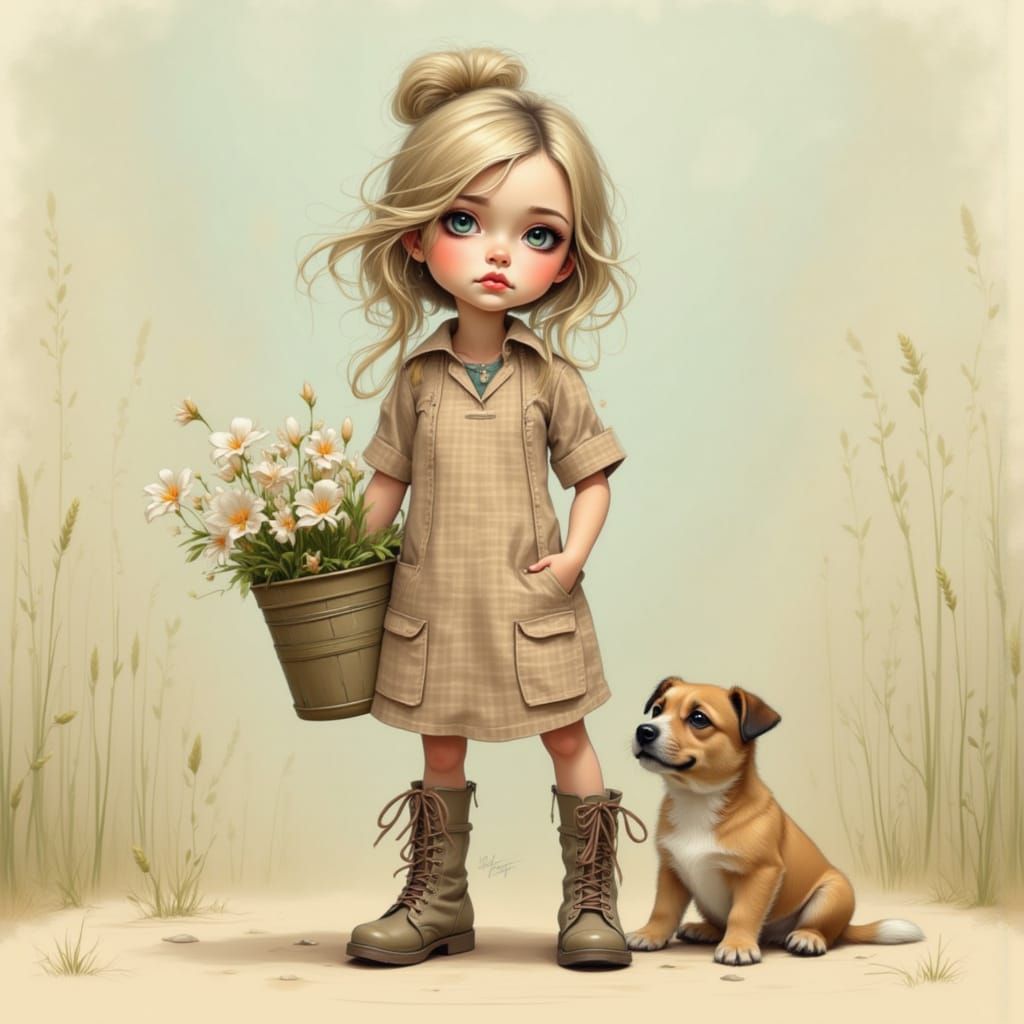 Girl with Lilies and Puppy in Soft Digital Painting Style