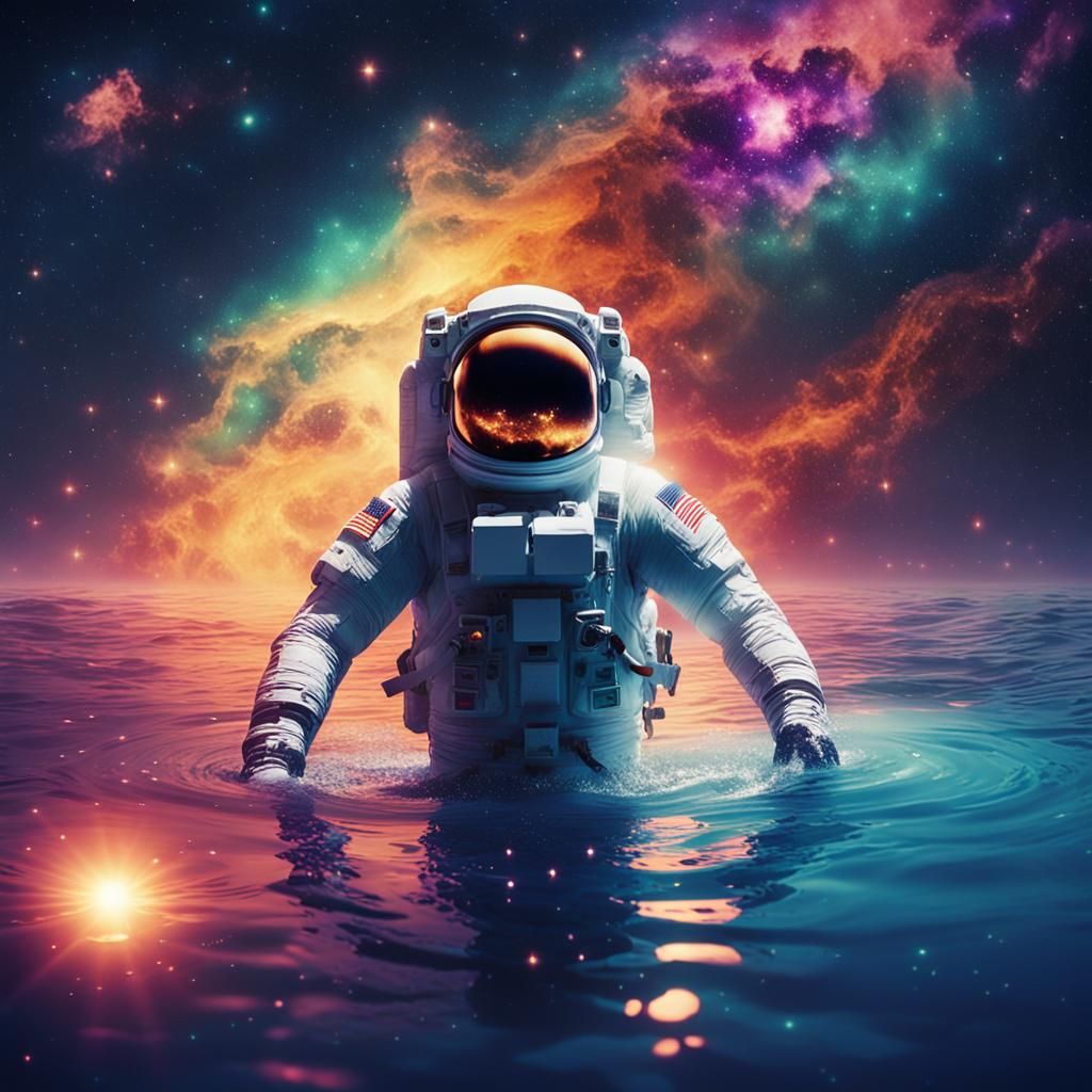 Astronaut Swims in Nebula Lake Under Starry Sky