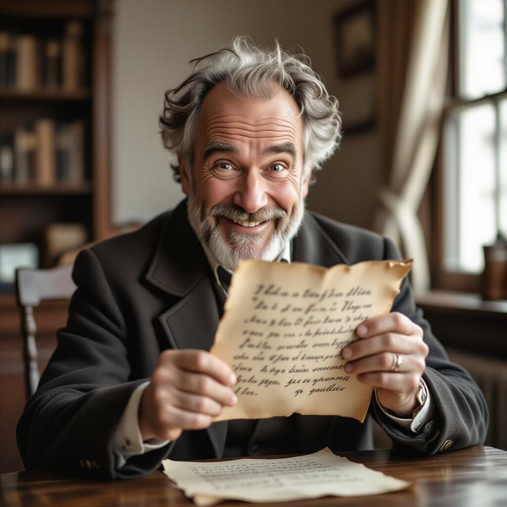 Man's Manic Glee Holding Mysterious Parchment in Sepia Tones
