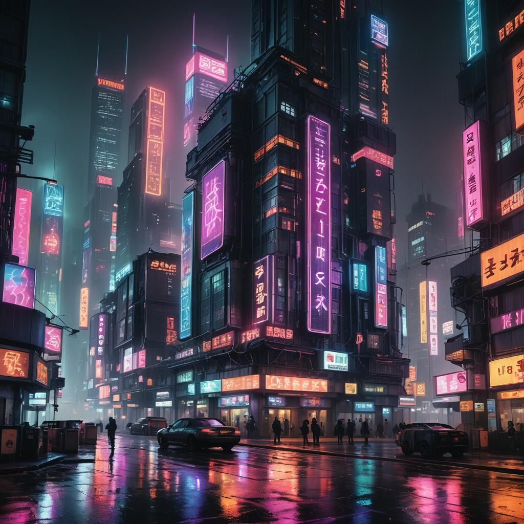 Neon-lit Cyberpunk Cityscape at Night