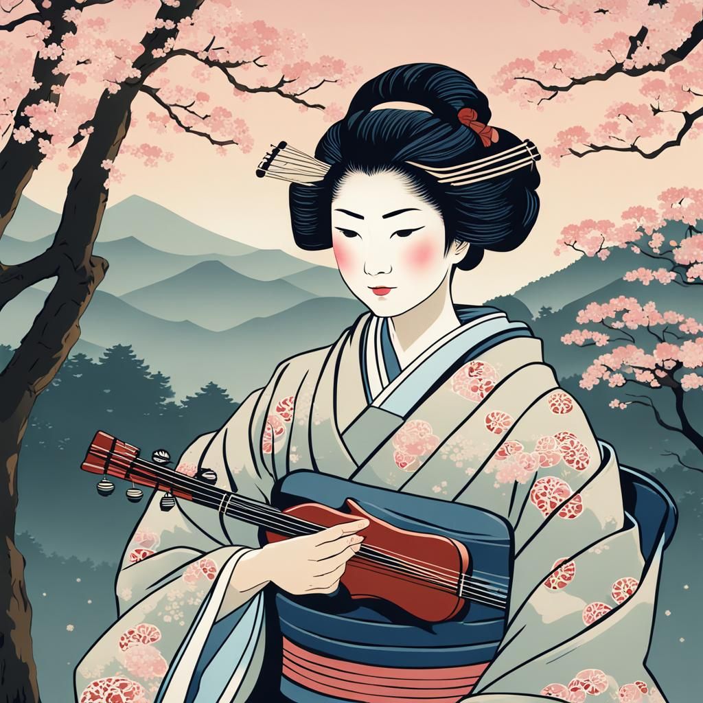 Geisha Playing Shamisen in Ukiyo-e Style Garden