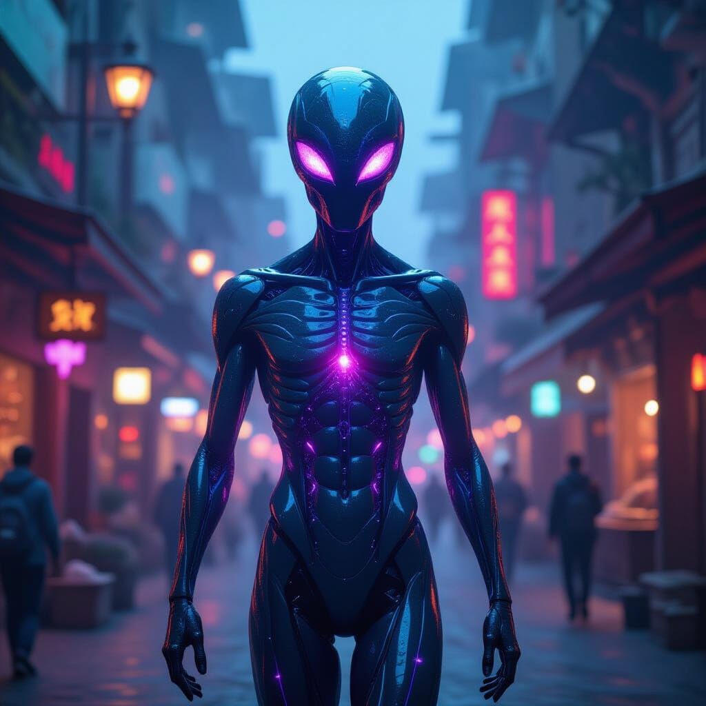 Alien Entity with Neon Bazaar: Cinematic Ultra-HD