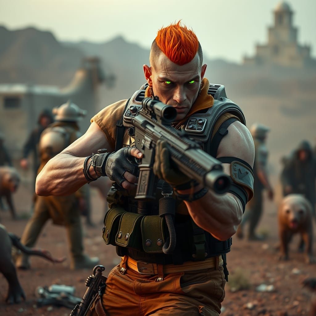 Mutant Protector in Ravaged Landscape, Cinematic Film Still