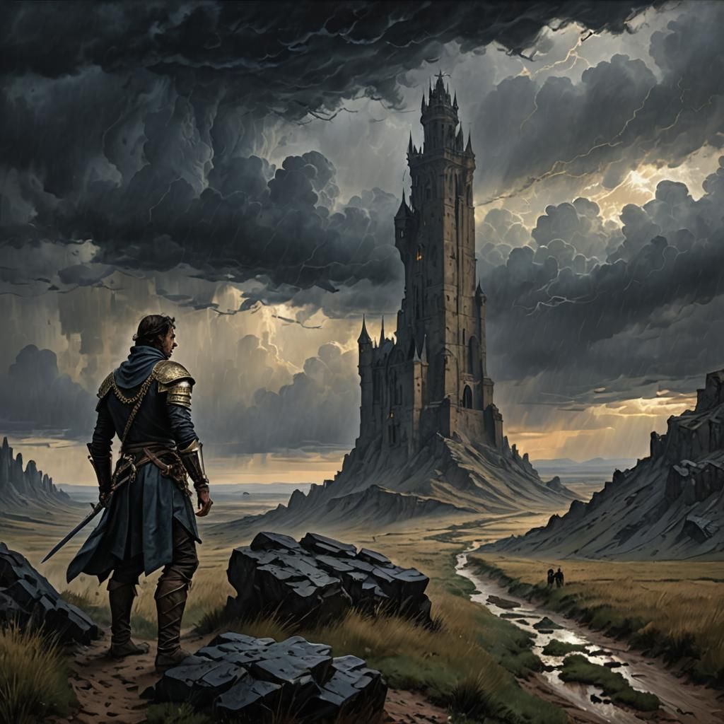 Knight Approaches Dark Tower in Romanticism Style