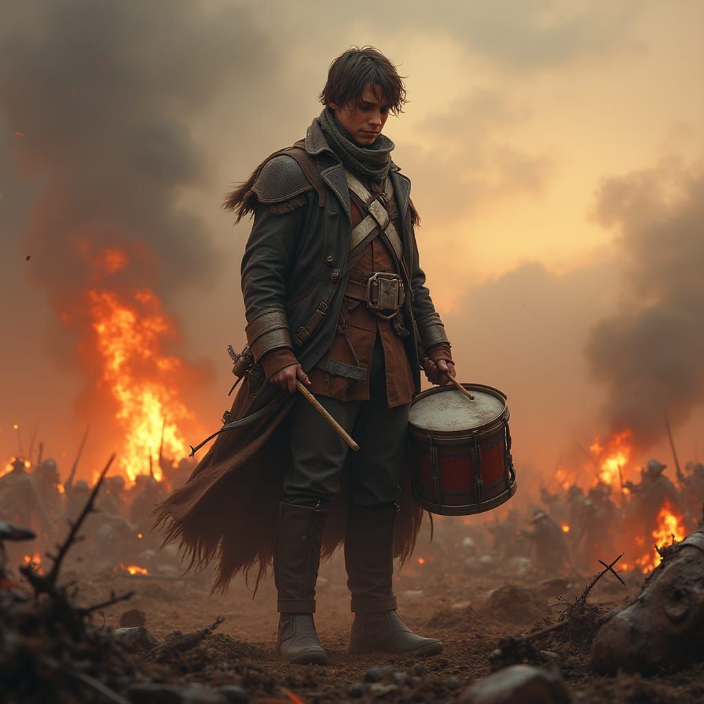 Napoleonic Drummer Boy Amidst Battlefield Carnage