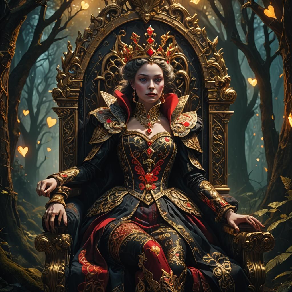 Queen of Hearts on Forest Throne: Fantasy Art