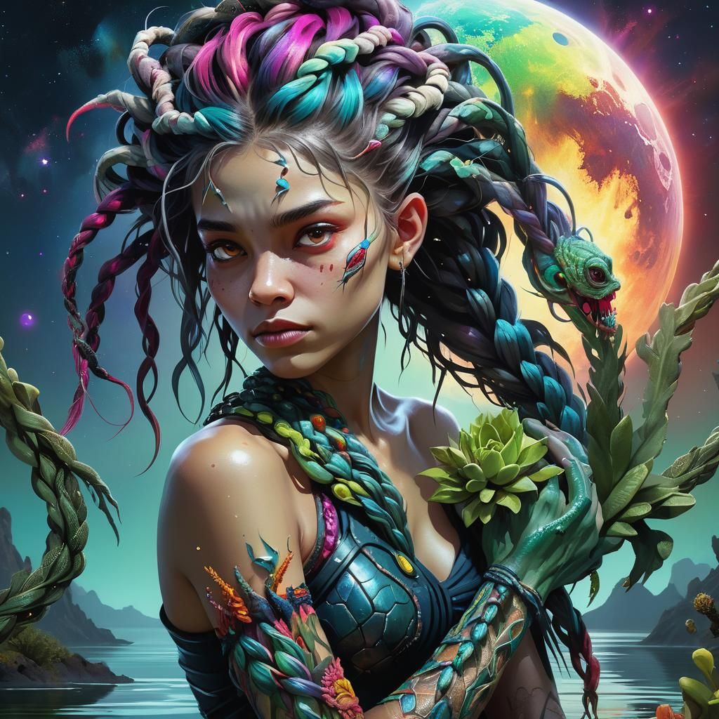 Sinister Woman with Alien Plant in Digital Painting