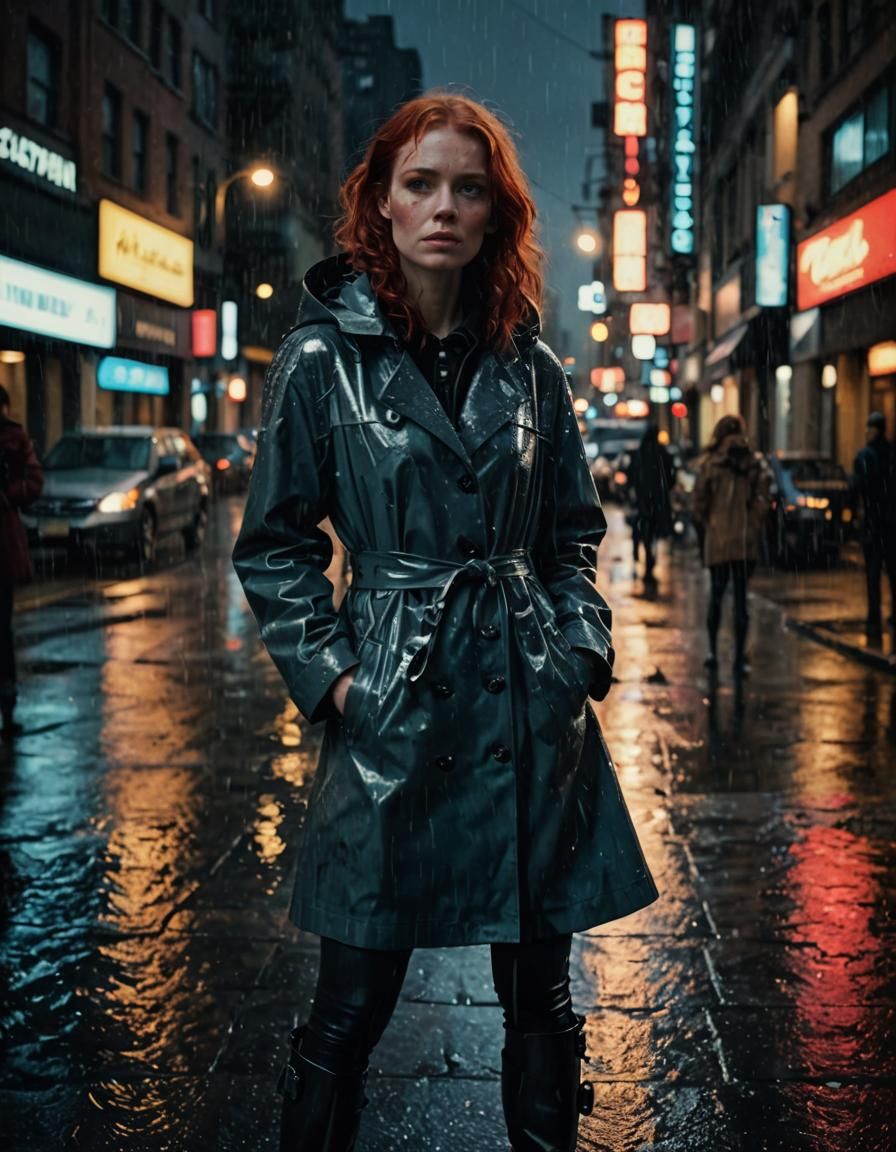 Redhead in Moody Cityscape: Film Noir Photography