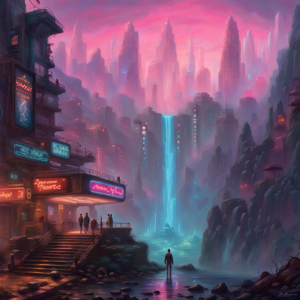 Cyberpunk Waterfalls in Neon Cityscape