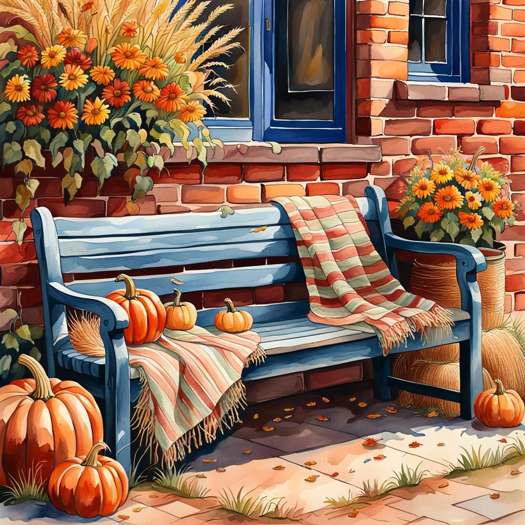 Autumn Bench with Pumpkins in Watercolor Style