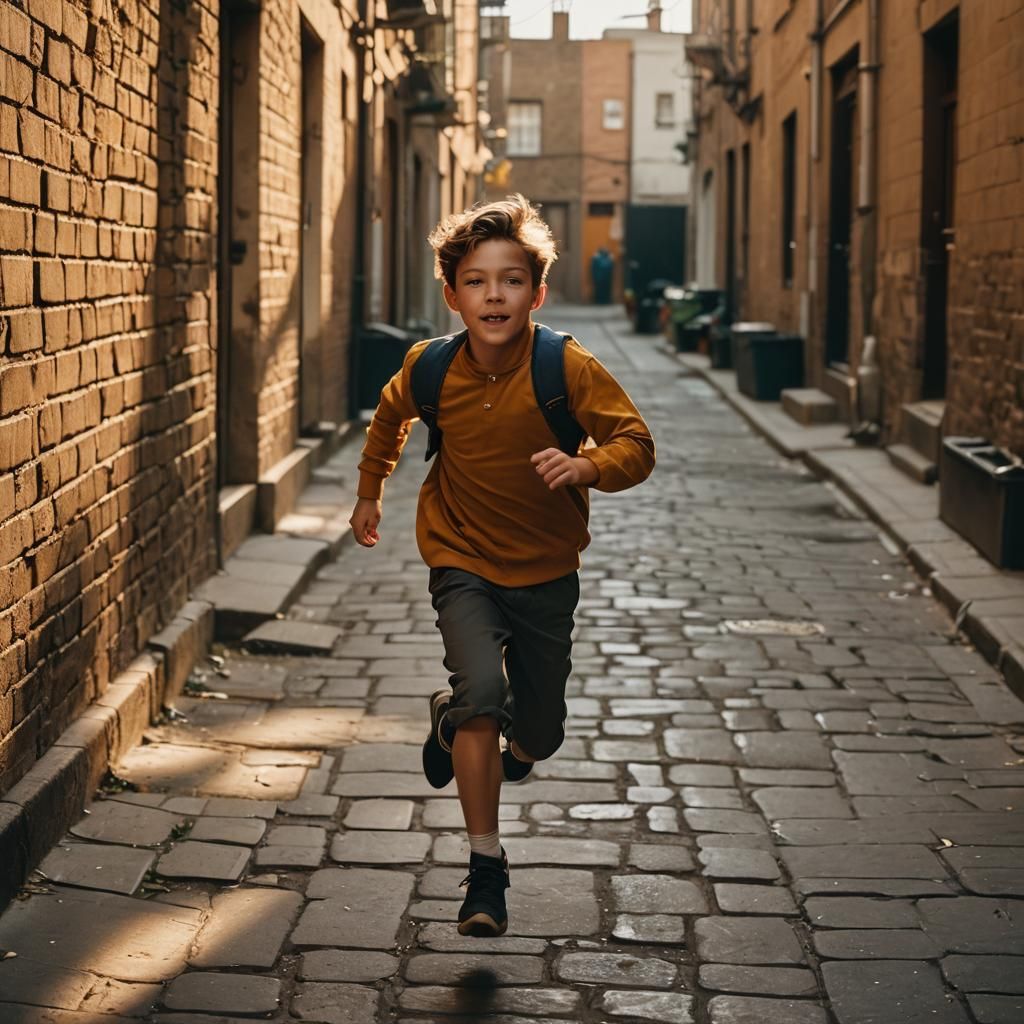 Boy Running in Alley: Cinematic Film Still