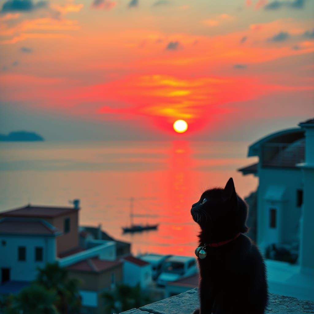 Mediterranean Village at Dusk with Cat and Baby
