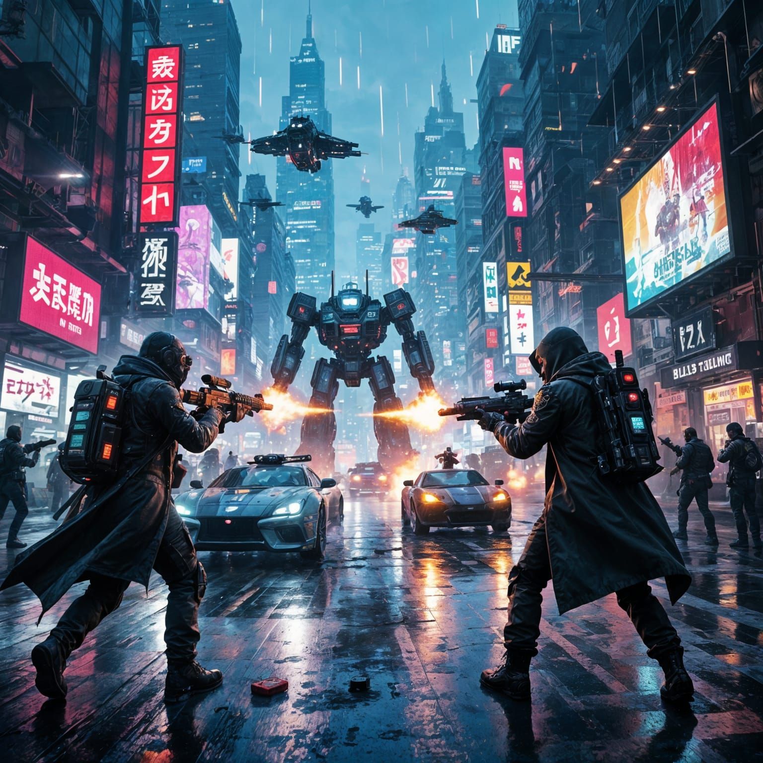 Cyberpunk Cityscape Battle in Hyperrealistic Style