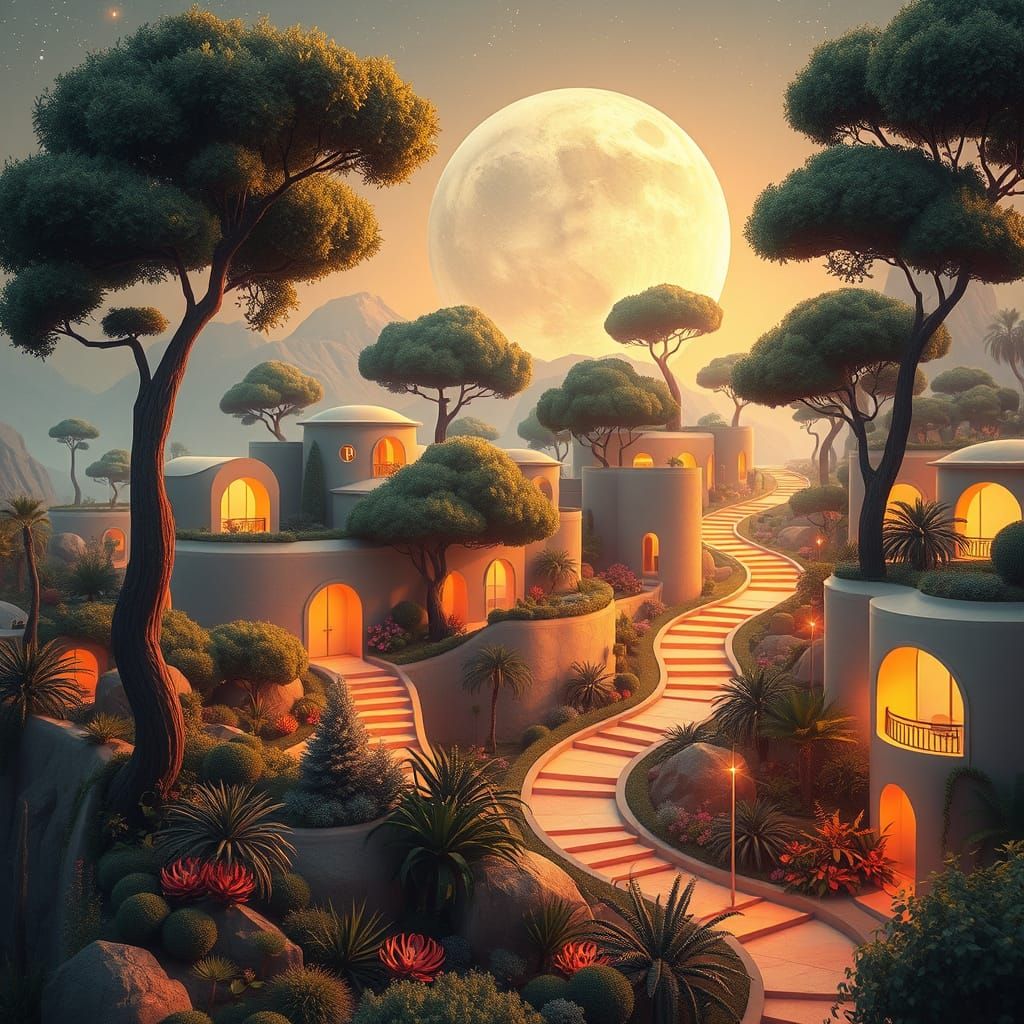 Moonlit Futurism: A Cyberpunk Oasis with Glowing Pathways an...
