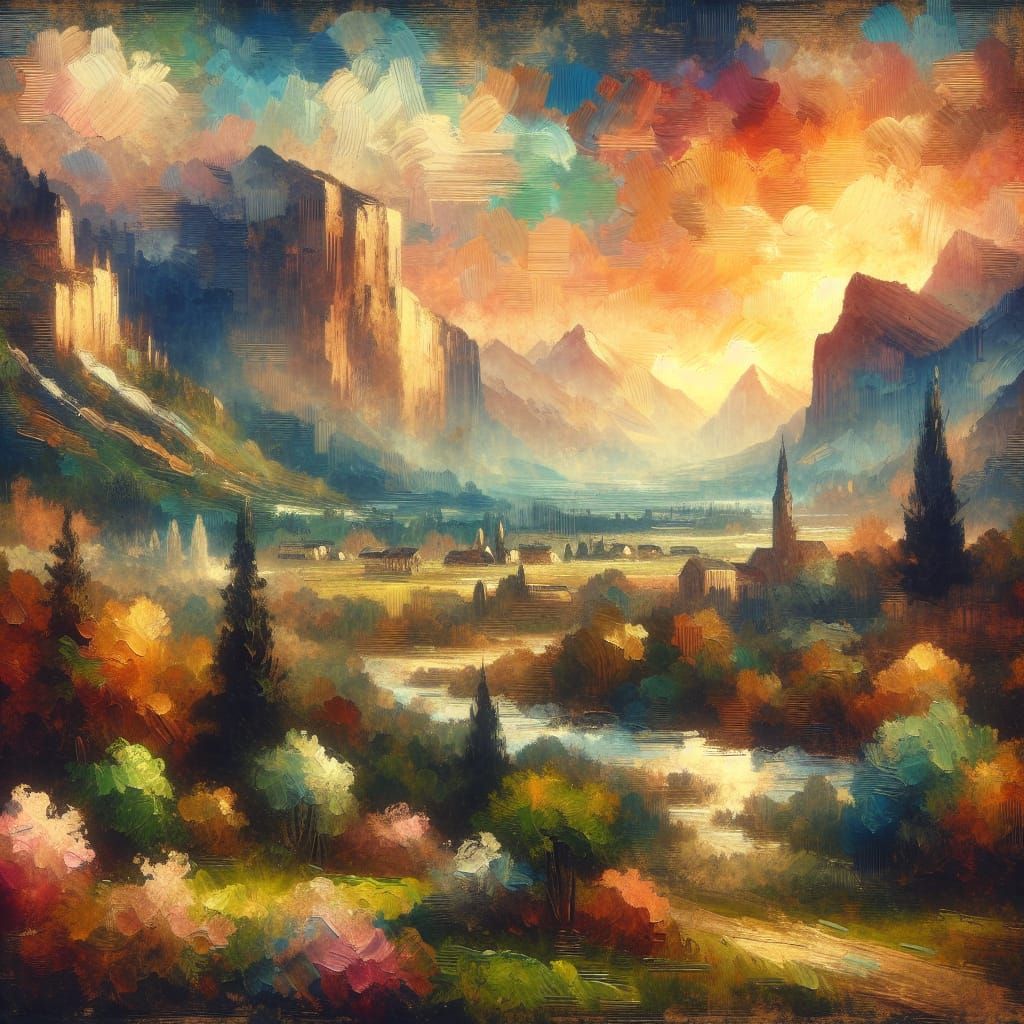 Vintage Impressionist Landscape Painting of Love and Hope