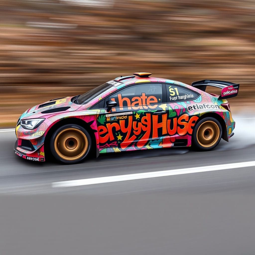 Rally car wrapped in "i hate nerys Hughes" artwork