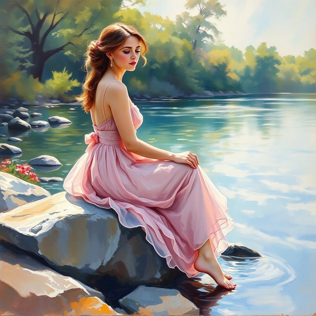 Impressionist painting, stunning woman in pastel  pink dress, sitting on a rock by the river, in the style of Claude Mon...