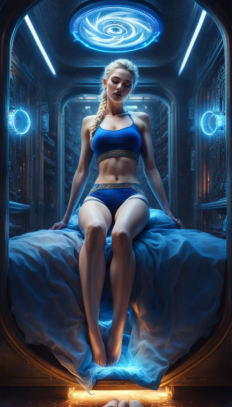 Woman Asleep in Glass Tube: Detailed Matte Painting