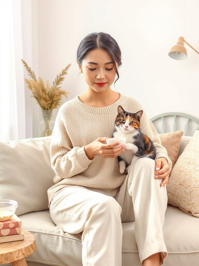 Cozy Asian Woman in Hygge Living Room
