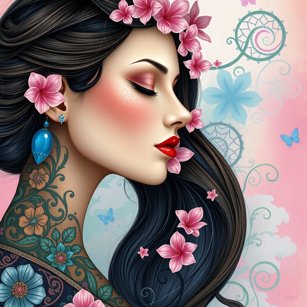 A captivating painting of a woman in a side profile, adorned...