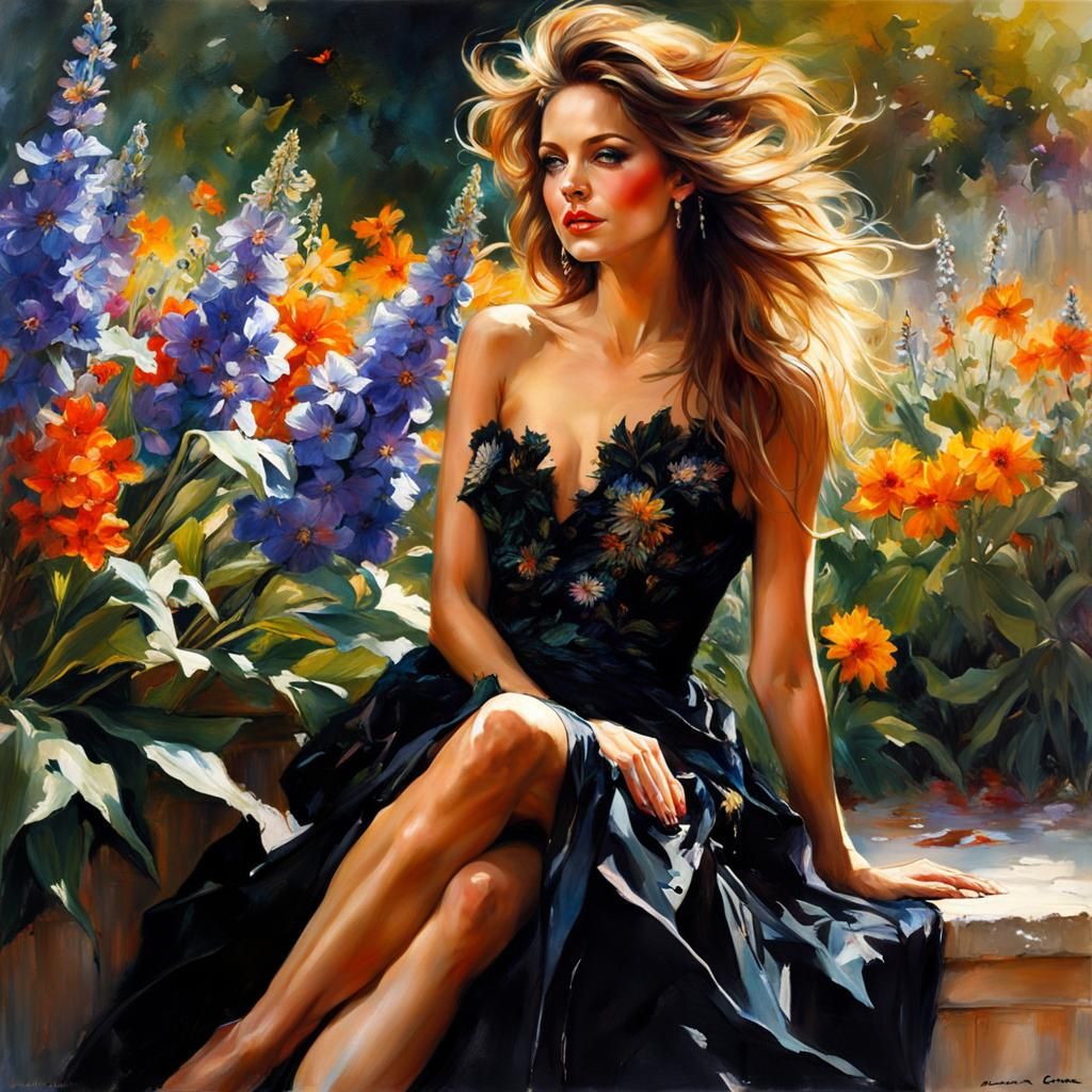 French Woman in Silk Dress in Flower Garden