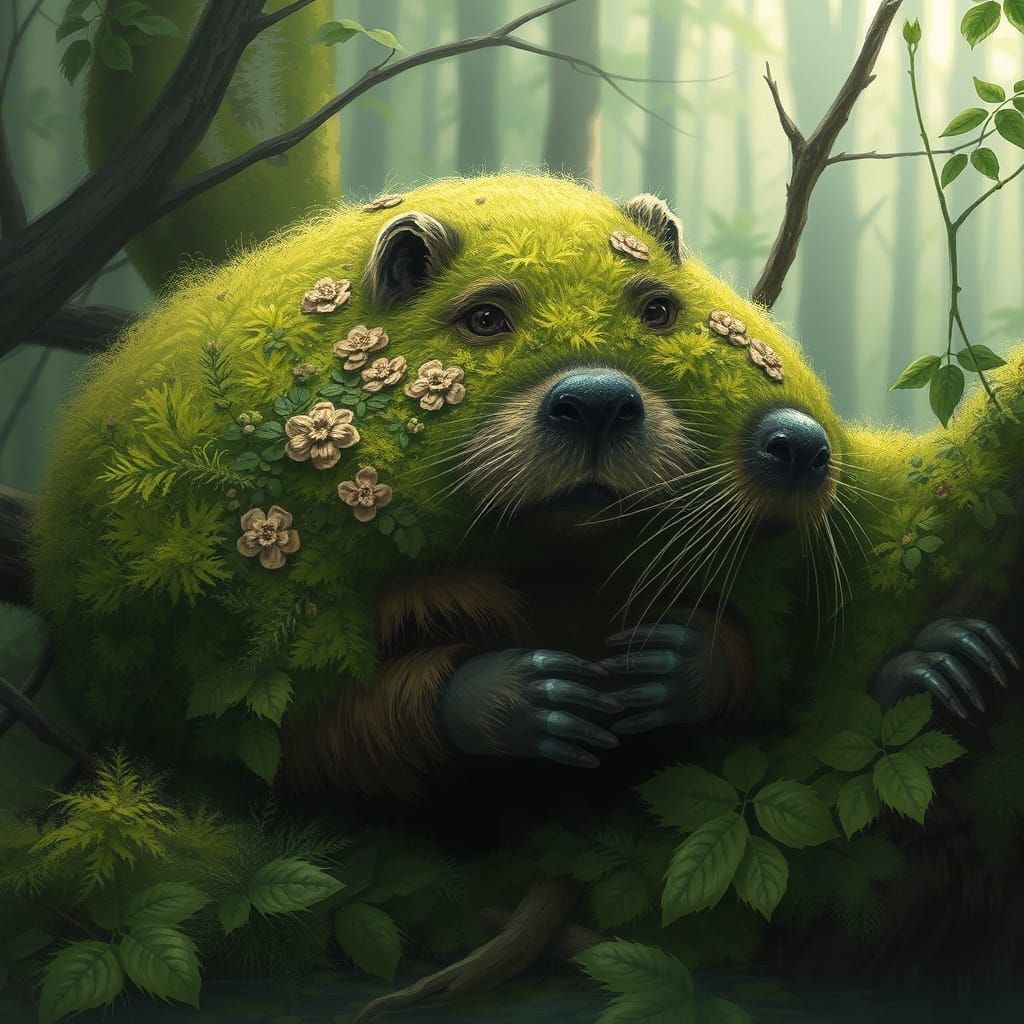 Surreal Beaver Enveloped in Lush Mossy Forest