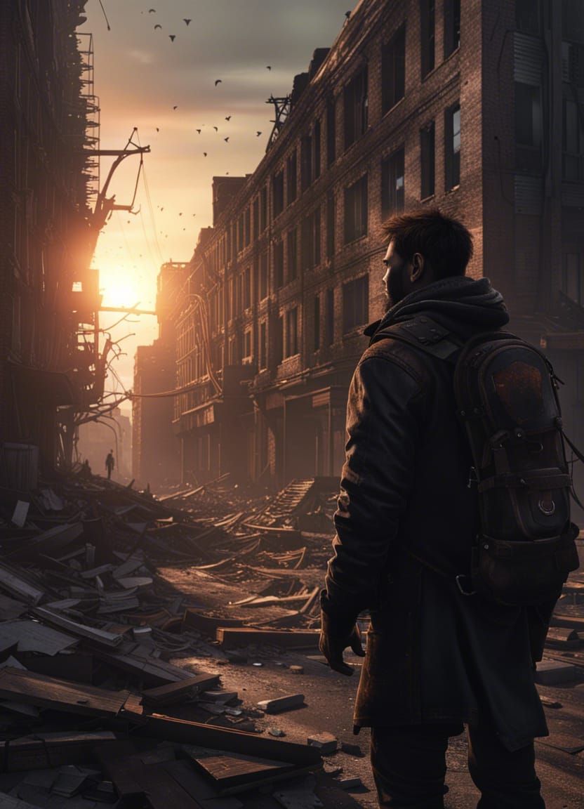 Post-Apocalyptic Silhouette: Abandoned Man in Ruined City