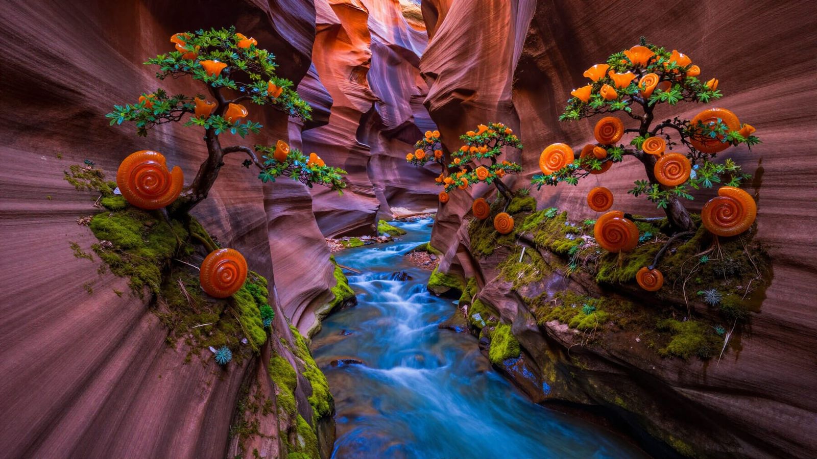 Mossy Antelope Canyon with Blue River and Glass Helix Flower...