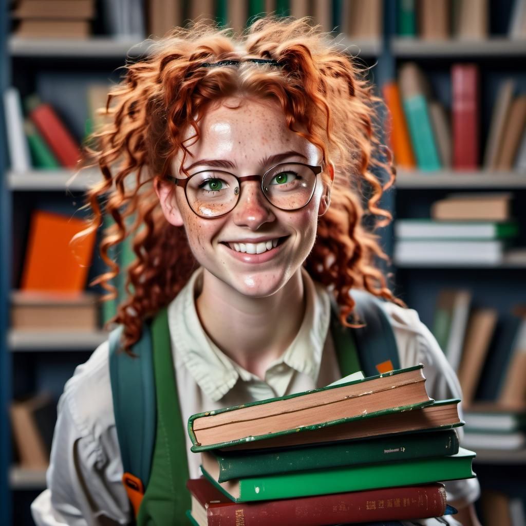 Smiling Red-Haired Girl Holding Books in School