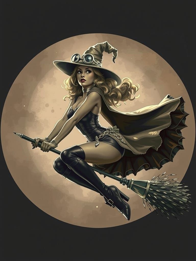 Vintage Pin-Up Witch Flying to the Moon