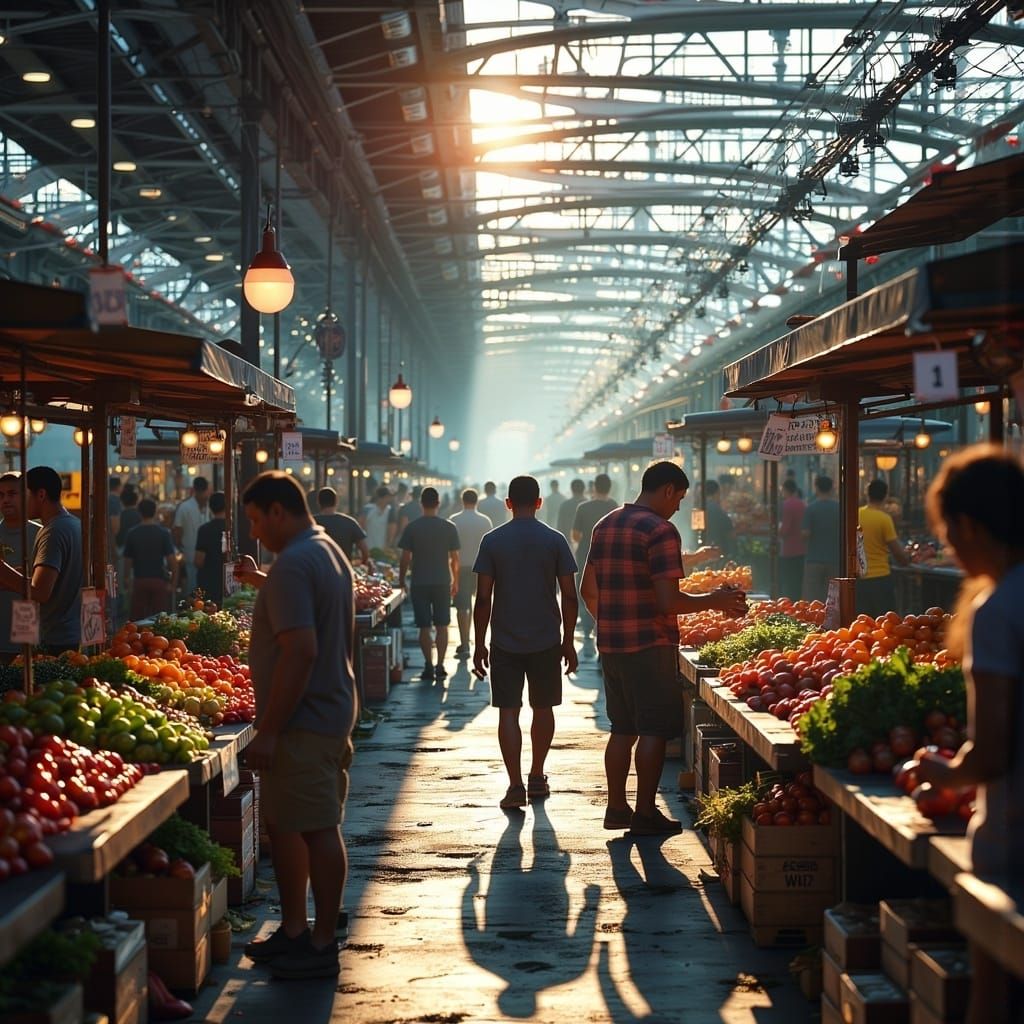 Bustling Farmers' Market Under El Tracks