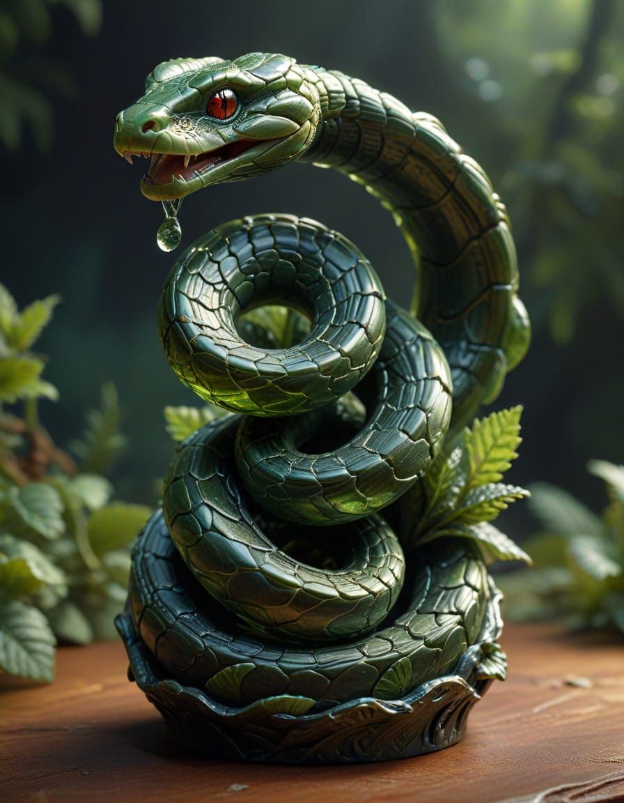 Moldavite Snake Carving in Fantasycore Style