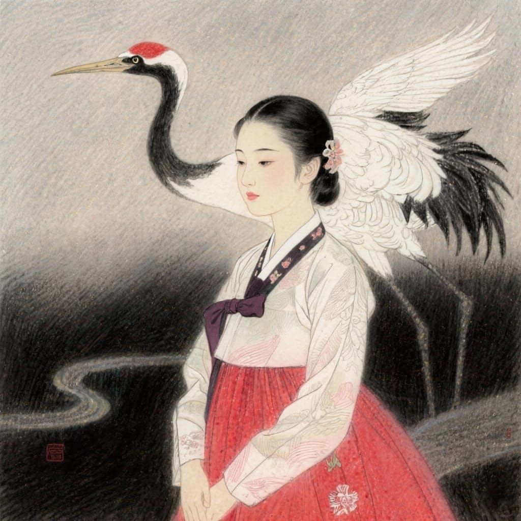 Elegant Woman with Crane in Manhua Style