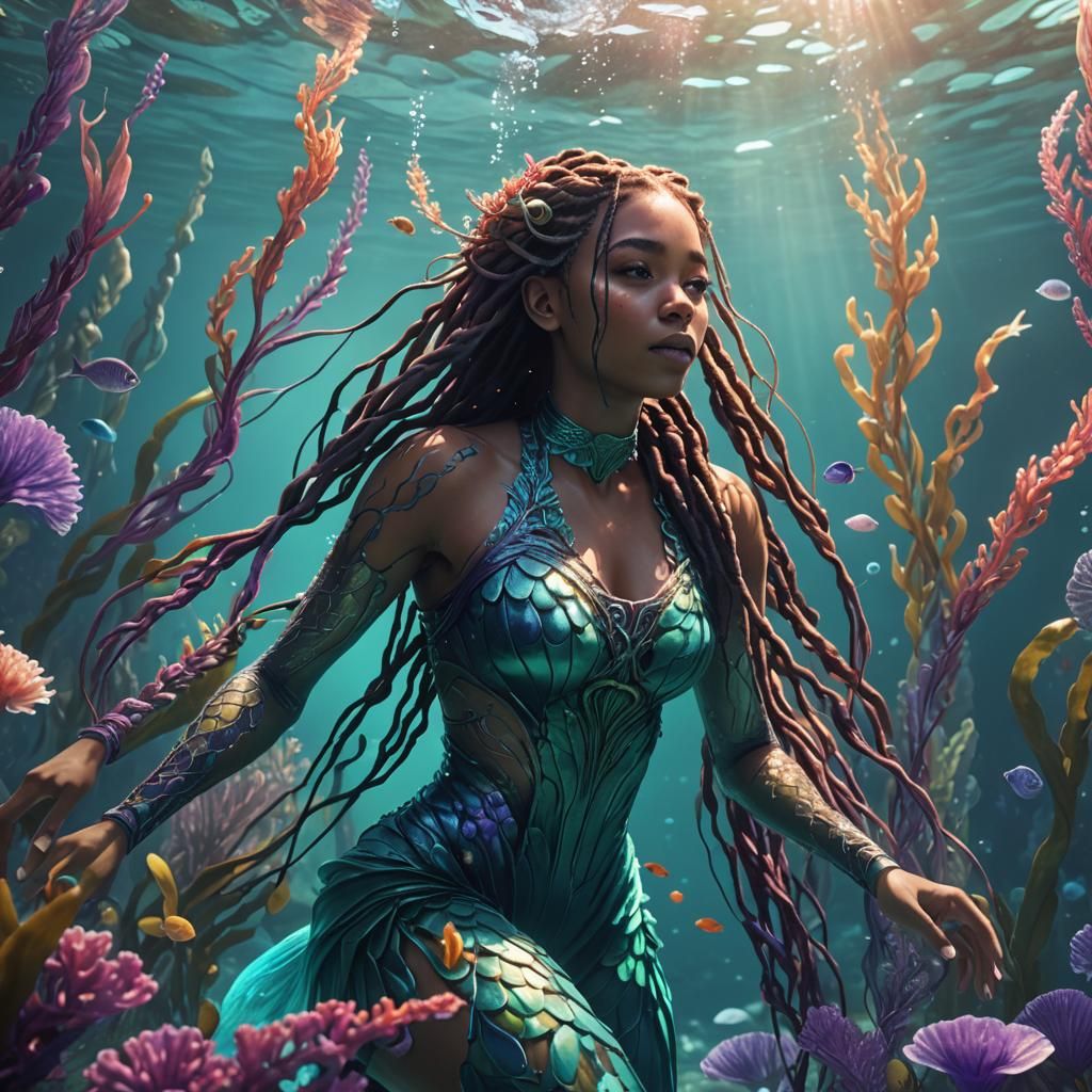 Underwater Girl with Braids in Surreal Scene