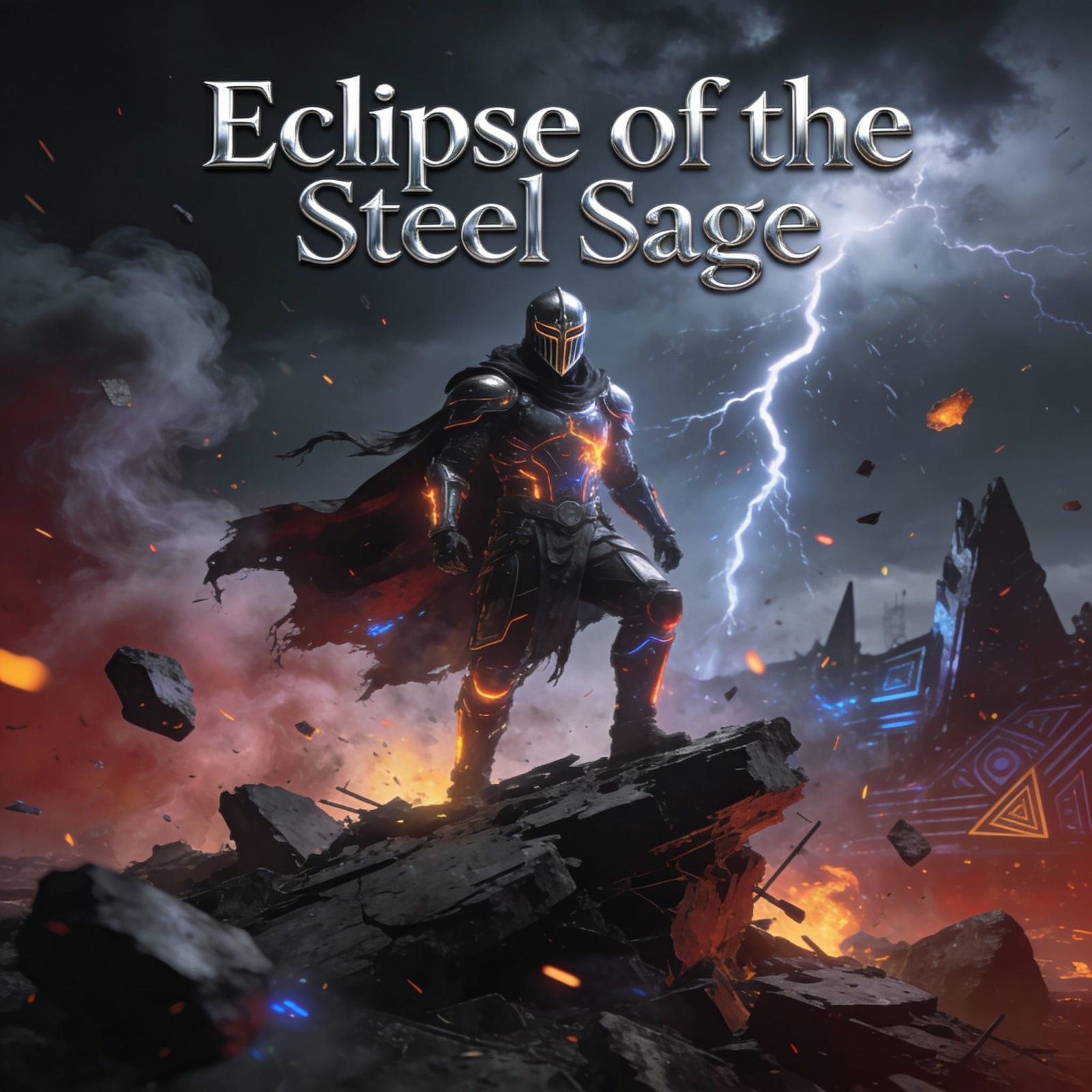 Masked Warrior on Ruins Under Lightning Storm