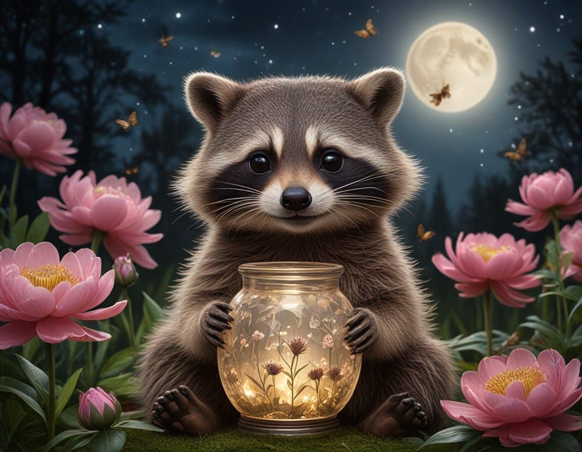 Whimsical Raccoon Contemplates Crystal Vase in Peony Garden