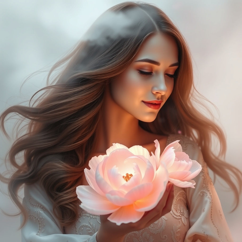 Woman Conjuring Peonies in Ethereal Mist