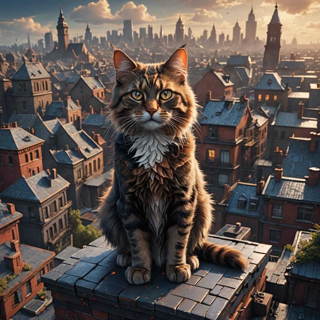 Cat on Rooftop: Detailed Matte Painting