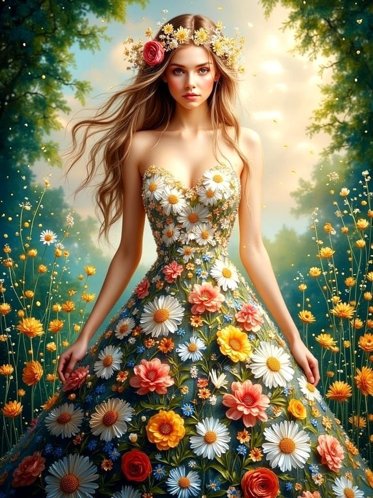 Ethereal Bohemian Queen in Vibrant Spring Landscape