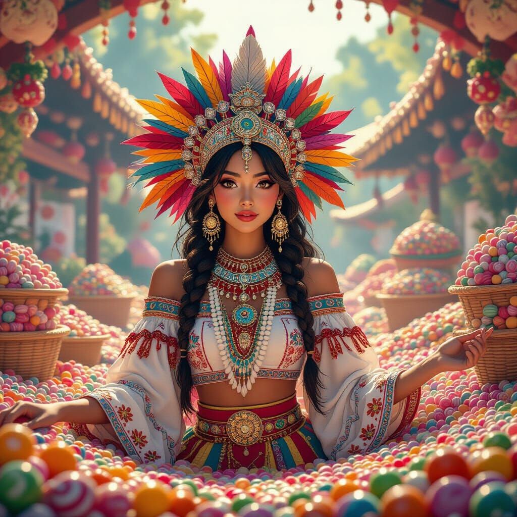 Aztec-Maya Lady in Candy Land: Manga-Inspired Digital Art