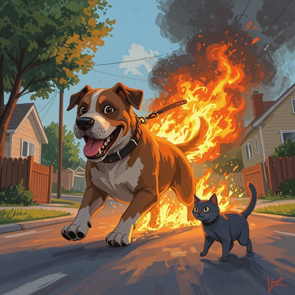 Giant Dog with Fiery Tail Chases Cat on Suburban Street