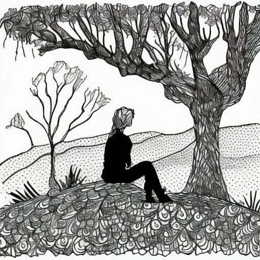 Ink Drawing: Woman Under Tree in Line Art