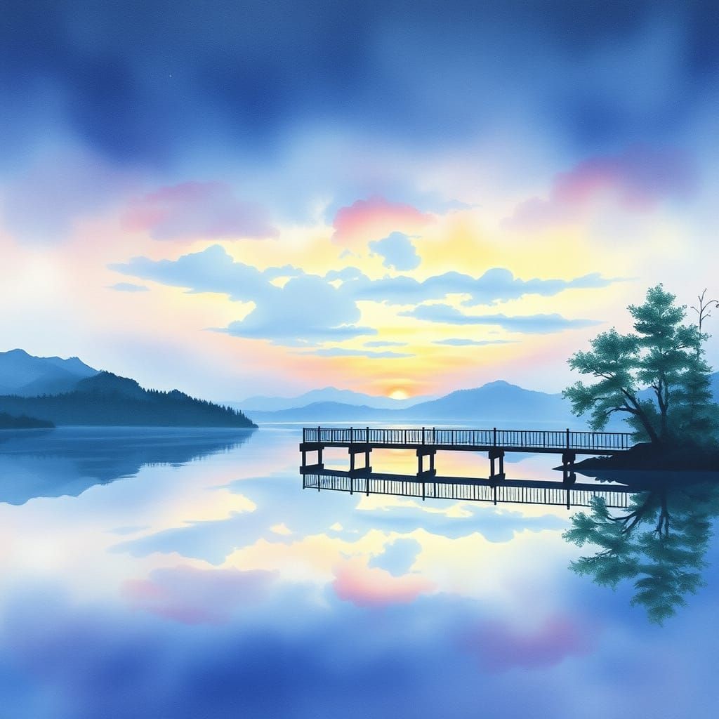 Twilight Lake Scene in Watercolour