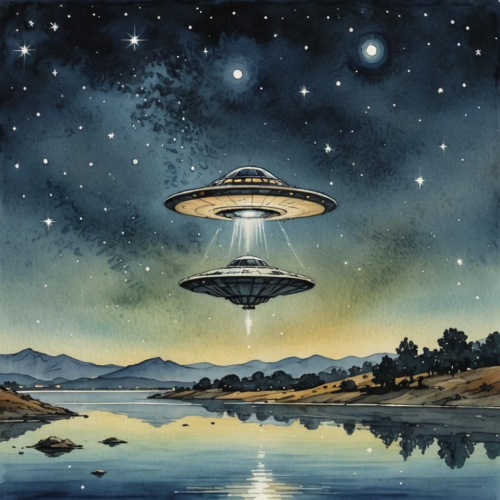 UFO Over Starry Night in Watercolor Style