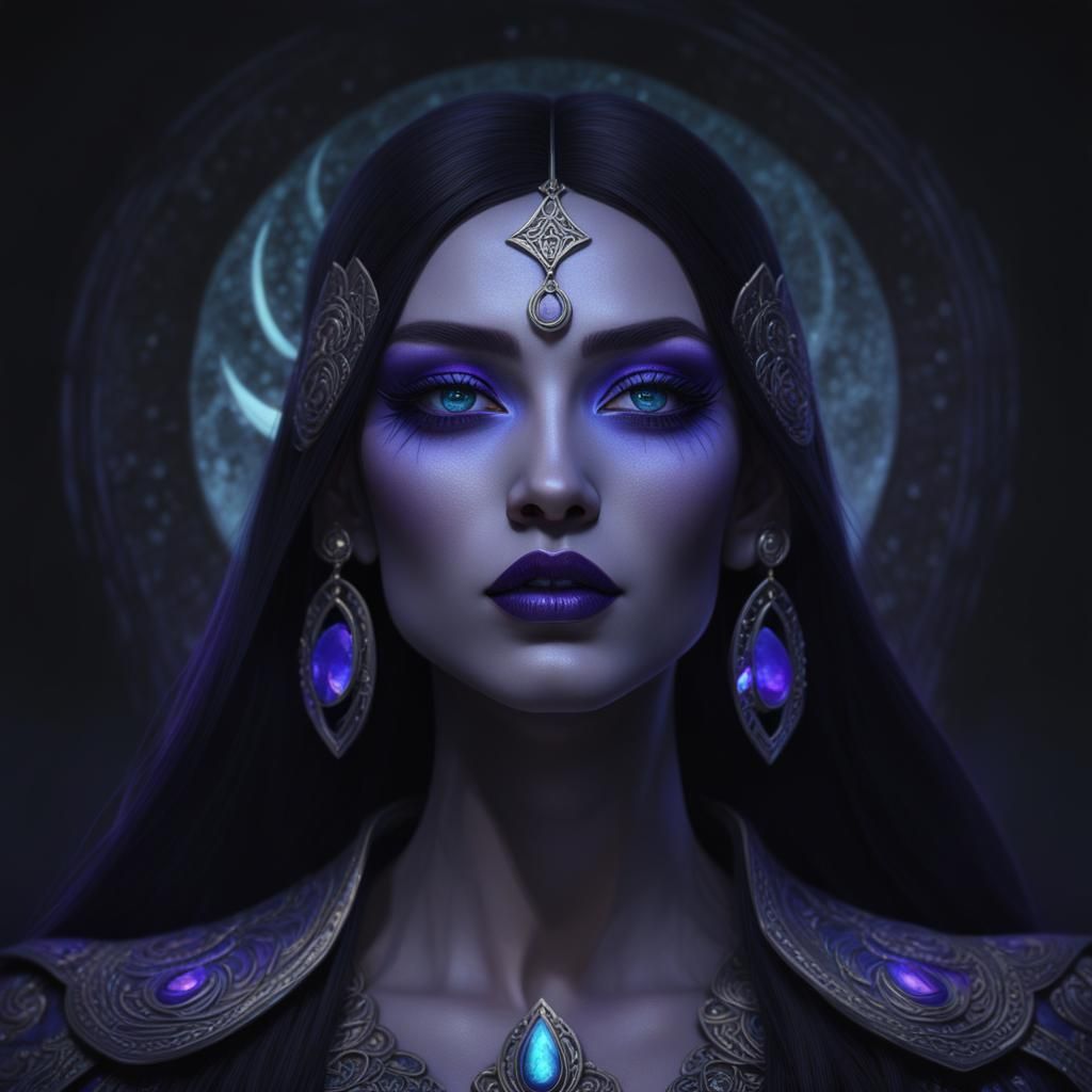 High priestess with long black hair and purple eyes with cobalt blue eyeshadow with blue eyeliner and black lipstick and...