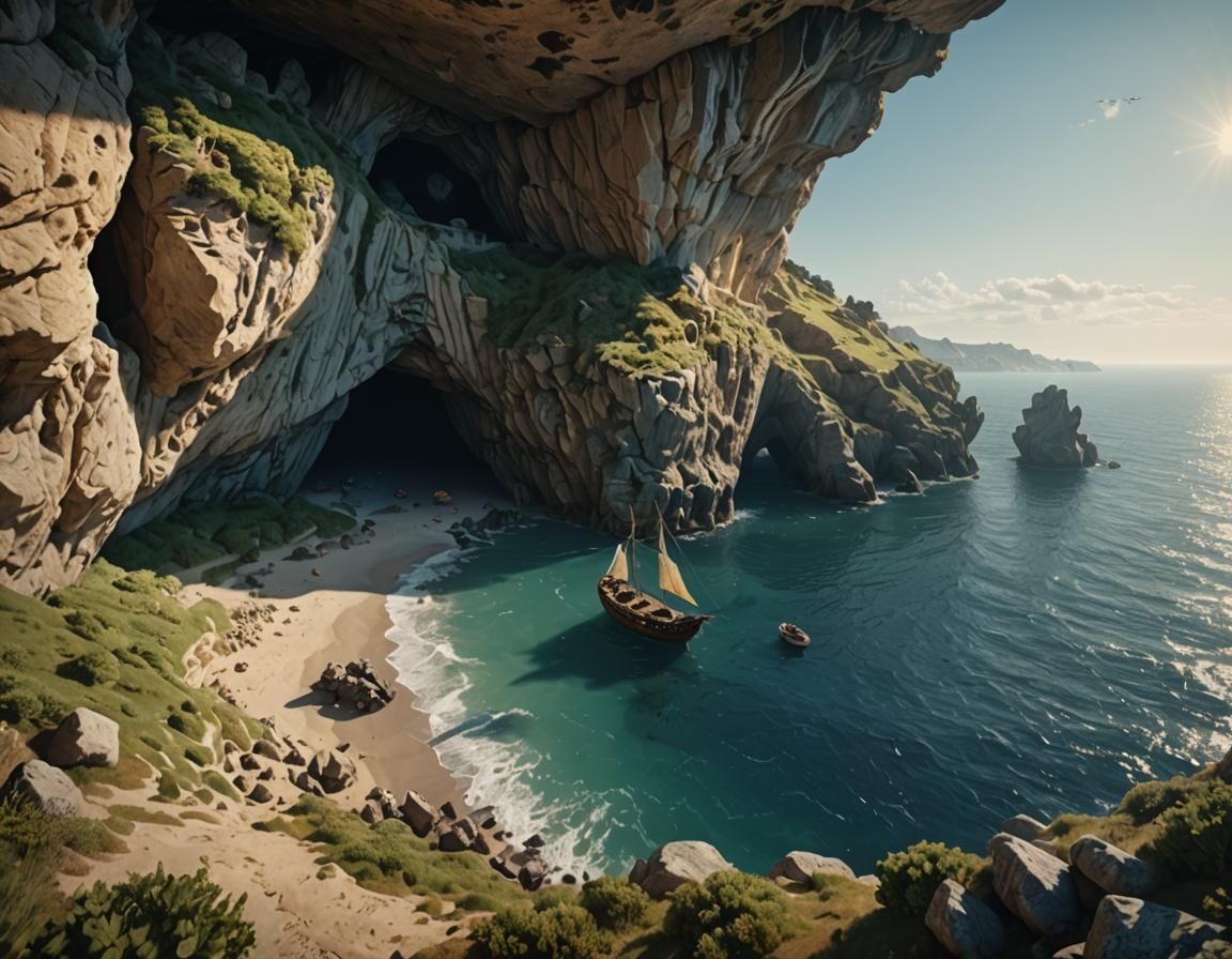 Mediterranean Cave Entrance with Ancient Sailing Ship